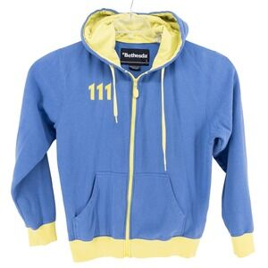 Bethesda Mens Large Hoodie Blue Vault 111 Fallout 4 Full Zip Gaming Merch